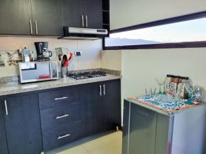 une cuisine avec des armoires noires et un comptoir dans l'établissement Comfort Club Guatavita - Apartamento Completo, à Guatavita