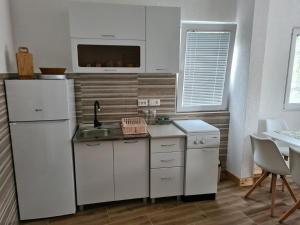 a kitchen with a white refrigerator and a sink at Apartment AS in Čanj +11 photos