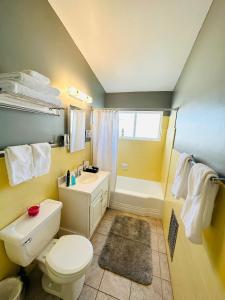 y baño con aseo, lavabo y ducha. en A PLACE IN THE SUN Hotel - ADULTS ONLY Big Units, Privacy Gardens & Heated Pool & Spa in 1 Acre Park Prime Location, PET Friendly, TOP Midcentury Modern Boutique Hotel, en Palm Springs