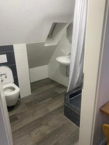 ein Bad mit einem WC und einem Waschbecken in der Unterkunft Hohennneuffen Blick in Beuren