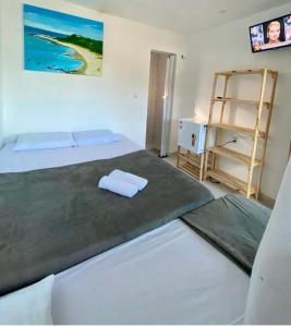 バイーア・フォルモーザにあるPé na Areiaのベッドルーム(ベッド2台、本棚付)