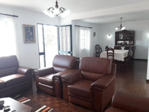 un salon avec un canapé en cuir et une table dans l'établissement Madeira Panoramic Villa- Promoção 2 ou 3 semana, à Funchal 65 autres photos