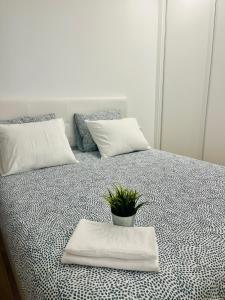 Una cama con dos almohadas y una maceta. en BERNABEU/ C.UNIVERSITARIA APARTMENTS, en Madrid