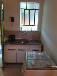 uma pequena cozinha com um lavatório e uma janela em Kitnet SIMIROMBA em Pelotas