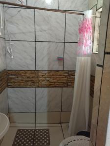 y baño con ducha y cortina de ducha. en Kitnet SIMIROMBA, en Pelotas
