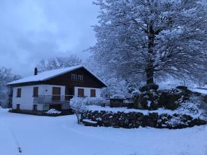 a house covered in snow in front of a tree at Maison spacieuse près de Gérardmer - 4 pers, ski, randos, lac, bébé ok - FR-1-589-374 in Vagney