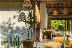 a living room with a couch and a potted plant at Casa Canoa - Praia de Algodões in Marau
