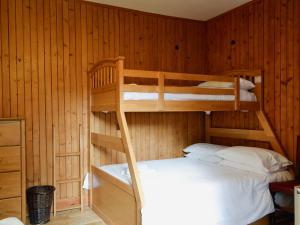 two bunk beds in a room with wooden walls at Willow Cottage in Kirriemuir