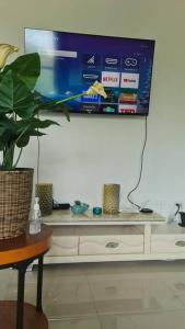 a tv on top of a white cabinet with a plant at Harloes Luxury Suite - Kingston Jamaica in Kingston