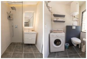 two pictures of a bathroom with a washing machine at Appartement central, vue panoramique - Madin'Pop 305 in Fort-de-France