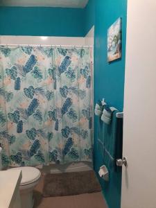 a bathroom with a shower curtain with a toilet at Seashells in Nassau