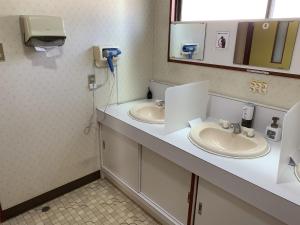 a bathroom with two sinks and a mirror at Hotel Suehiro in Matsumoto