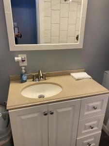 a bathroom with a sink and a mirror at Clover 2900 - Apartment and Rooms with Private Bathroom near Washington Ave South Philly in Philadelphia