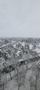 an aerial view of a snowy field with trees and a road at Casa Lazăr in Braşov