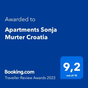 Certificate, award, sign, o iba pang document na naka-display sa Apartments Sonja Murter Croatia