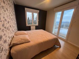sypialnia z łóżkiem i dużym oknem w obiekcie Léman Panoramique avec terrasse à deux pas du centre-ville w mieście Évian-les-Bains