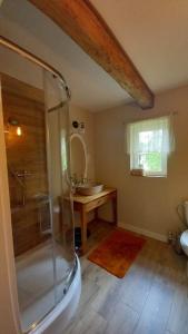 uma casa de banho com um chuveiro e um lavatório. em Dom Na Wsi u Ani em Koszele