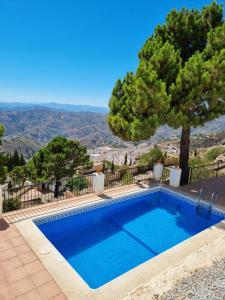 uma piscina com uma árvore e vista em Lovely 2 Bed Apartment with Stunning views & Pool em Cómpeta