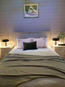 1 dormitorio con 1 cama grande y paredes moradas en Two Truffles Cottage Accommodation, en Yarra Glen