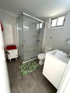 ein Bad mit einer Dusche, einem WC und einem Waschbecken in der Unterkunft White House studio with sea view and parking in Polis Chrysochous