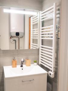 een badkamer met een witte wastafel en een spiegel bij Balcon du Champ de Mars - Wifi / Parking in Angoulême