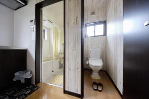 a bathroom with a toilet and a sink and a mirror at Cottage Kutsuroki in Yakushima