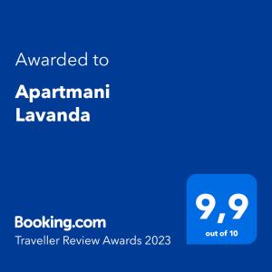 a blue screen with the text awarded to apartment laavenanda at Apartmani Lavanda in Vrsi