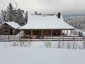 Cabaña de madera con nieve en el techo en Domek Na Stoku en Korbielów