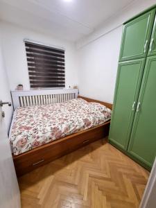 a bedroom with a bed and green cabinets at Moon Bijeljina - stan na dan in Bijeljina