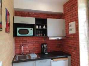 a kitchen with a brick wall and a sink and a microwave at Les Iris Véranda Parcking in Le Mont-Dore