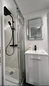 een badkamer met een douche, een wastafel en een spiegel bij Bella vita - Studio tout équipé - Tv Netflix - centre ville 100m- Gare 50m - Basilique 200m in Lisieux