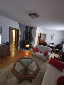 ein Wohnzimmer mit einem Sofa und einem Kamin in der Unterkunft Bjelasica Home in Kolašin