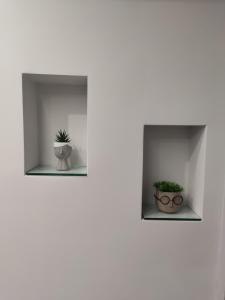 two pots of plants on shelves on a wall at Chalkida Hilltop Apartments in Chalkida +46 photos