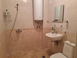 La salle de bains est pourvue de toilettes, d'un lavabo et d'une douche. dans l'établissement Arda Riverside Apartment, à Kardjali