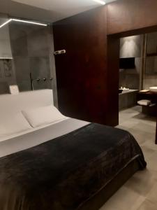 a bedroom with a large bed and a bathroom at Duomo House in Caltanissetta