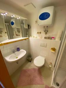 a small bathroom with a sink and a toilet at Ferienhaus Greiz in Greiz