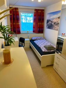 um pequeno quarto com uma cama e uma janela em Ferienhaus Greiz em Greiz