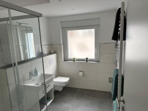 een badkamer met een toilet, een wastafel en een raam bij Casa Ideal in Bruchsal