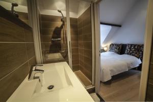 a bathroom with a sink and a shower and a bed at Gite Bergues Centre in Bergues