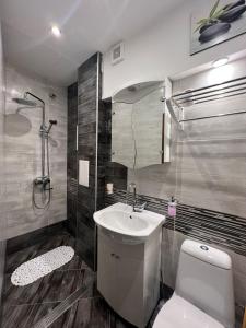 La salle de bains est pourvue de toilettes, d'un lavabo et d'une douche. dans l'établissement Budapest Digital Nomad Friendly Top Centre Apt, à Sofia