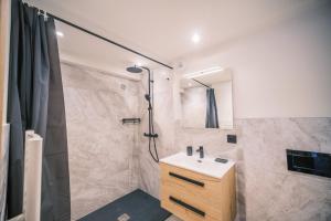 a bathroom with a shower and a white sink at Loft Zodiak -Centre Ville , 5 Chambres+ Vue in Les Houches