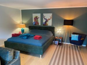 ein Schlafzimmer mit einem Bett und einem Stuhl in der Unterkunft Schöne Wohnung mit Ausblick und Gartensitzplatz in Lörrach