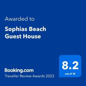 Palkinto, sertifikaatti, kyltti tai muu asiakirja, joka on esillä majoituspaikassa Sophias Beach Guest House