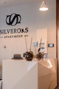 a counter with two vases on it in front of a sign at Silveroks Apartment in Prilimanskoye