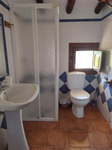 a bathroom with a toilet and a sink and a shower at Casa Rural Cortijo la Jimena in Caravaca de la Cruz