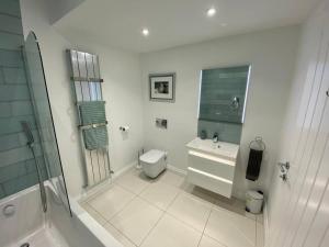 a bathroom with a toilet and a sink and a shower at The Emslie Road Beach Flat in Falmouth +10 photos
