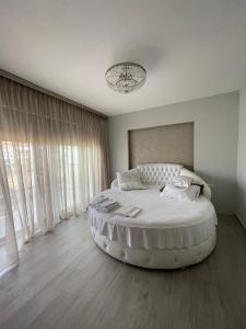卡尼奧提的住宿－Villa Theodora in front of the sea，一间卧室配有一张大床和一张大型圆床罩