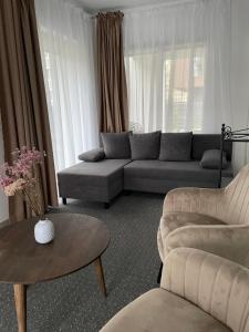 a living room with a couch and a table at Izabelės apartamentai in Palanga