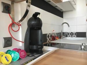 ein schwarzer Mixer auf einer Küchentheke in der Unterkunft LE NOIR BOIS ET BLANC - Studio - Wifi - Centre Ville - Entrée Autonome in Quimper