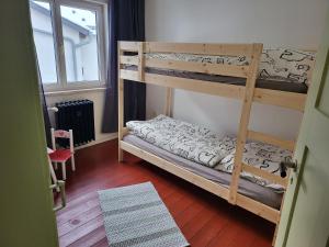 a bedroom with two bunk beds and a window at Das alte bauernhaus in Rohrbach